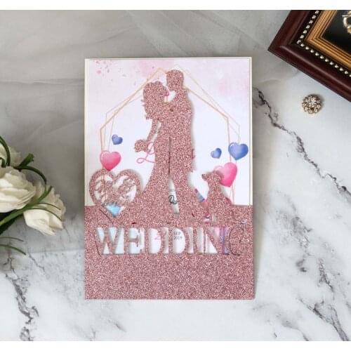 100pcs/Lot Laser Cut Hollow Glitter Covers Wedding Invitations Party Invited Cards Lovers Bride & Groom Design