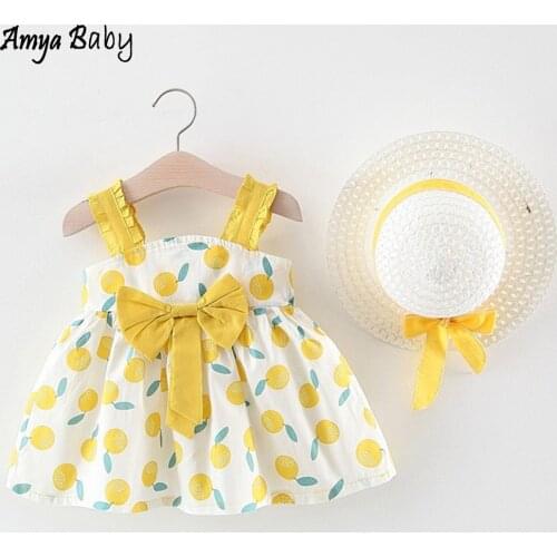 Amyababy 2020 Summer Baby Girl Dresses Big Bow Apple Print Princess Birthday Infant Clothing Baby Girl Beach Dress With Hat