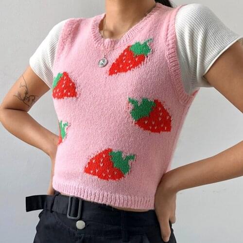 Kawaii Sweater Vest Sleeveless Knitted Strawberry Y2K Tank Knitted Crop Top O-Neck Sweet Pink Sweater Vest Women Korean Tops