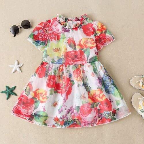 Girls summer dresses, childrens clothing peony flower pattern chiffon princess dress, sweet and cool clothes for children
