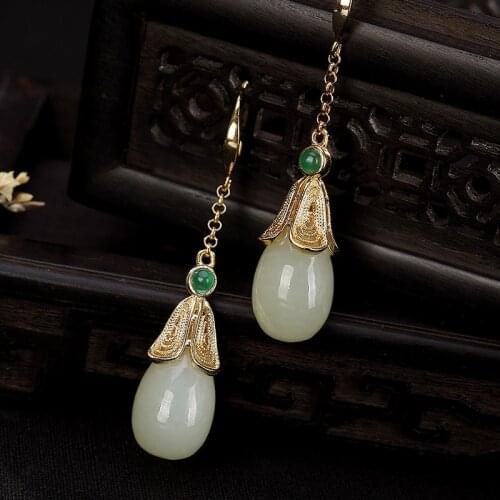 Natural retro mosaic 925sterling silver gold-plated hetian jade jasper earrings long magnolia flower women jade earrings