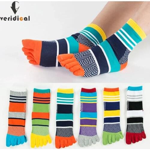 Spring Autumn Men Five Finger Socks Striped Bright Color Street Fashion Novelty Husbands Fathers Harajuku Happy Socks With Toes