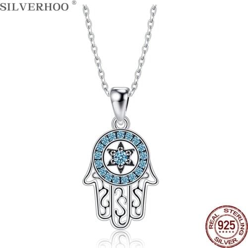 SILVERHOO 925 Sterling Silver Necklace For Women Demon Hand Pendant Necklace Blue Round Cubic Zirconia Fine Jewelry Mystery Gift