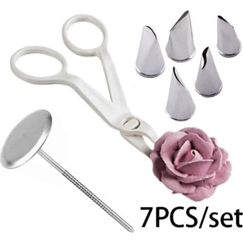 7Pcs/set Flower Scissor+Cake Tray +5pcs Tulips Rose Nozzle Nail Decor Lifter Fondant Cream Decorating Kitchen Baking Tools