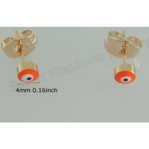 EVIL EYE DIAMETER 4mm 0.16" YELLOW GOLD GP OVERLAY FILL BRASS STUD ORANGE ENAMEL EARRING/COLOR IS A LITTLE RED
