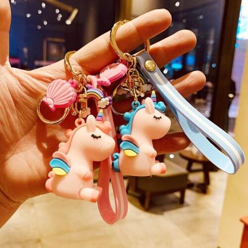 Cute Fashion Pony Unicorn Keychain for Couple Women Girl Keychain Rainbow Unicorn PVC Animal Key Ring Backbag Handbag Pendant