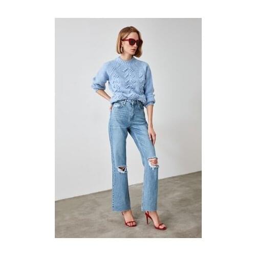 BLUE RIPPED DETAILED HIGH WAIST WIDE LEG JEANS TWOAW21JE0539