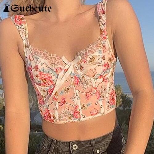 SUCHCUTE Floral Printed Sexy Women Camisole V Neck Vintage Bow Lace Mesh Skinny Cropped Tops Y2K Streetwear Sleeveless Tank Top