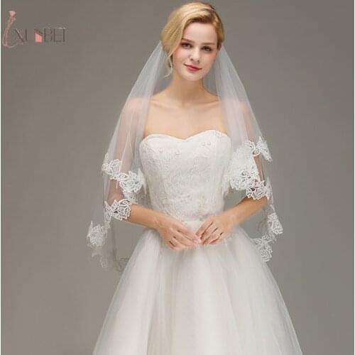 Voile Mariage Elbow Short Two Layers Wedding Veil With Comb Lace Edge 2019 Bridal Veil Wedding Accessories Velo de Noiva New