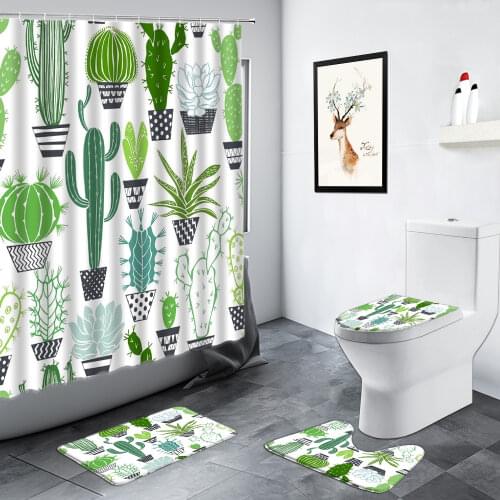 Cartoon Hedgehog Cactus Shower Curtain Tropical Green Plants Animal Bathroom Decor Carpet Non-slip Door Mat Toilet Bath Mats Set