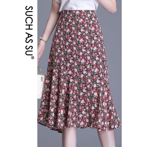 Women Spring Summer Black dots Flowers Print Mid Long Mermaid Skirt Elastic High Waist L-XL Plus Size Slim Ruffle Skirt Female