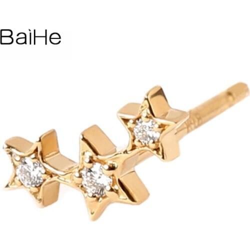 BAIHE Solid 14K Yellow Gold 0.03ct H/SI Natural Diamonds Earrings Wedding Gift Trendy Fine Jewelry Star Stud Earrings for Women