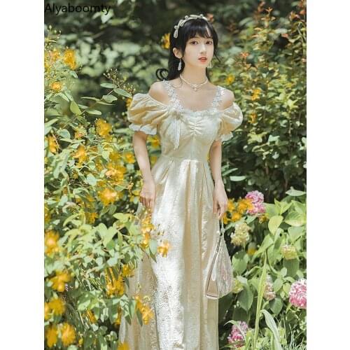 Summer Women French Long Fairy Lace Ruffles Dress Slash Neck Straps Off Shoulder Beige Yellow Dress Elegant Jacquard Party Dress
