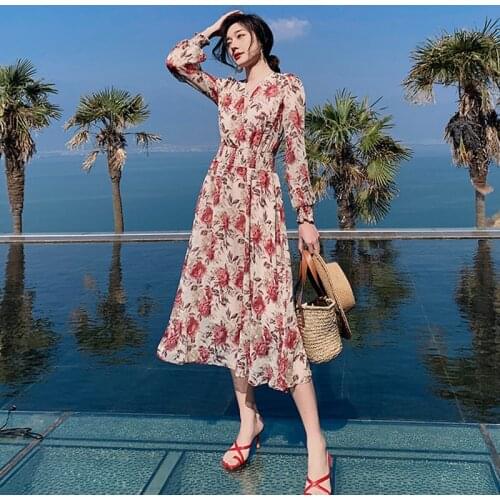 Fashion Summer Beach Long Dress Ladies Sweet Casual Vacation Clothes Sexy Backless Long Sleeve Print Chiffon Boho Party Sundress
