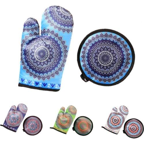 2Pcs Printed High Heat Insulated Oven Glove Mitten with Pot Pad Mat Kitchen Cooking Baking Tools