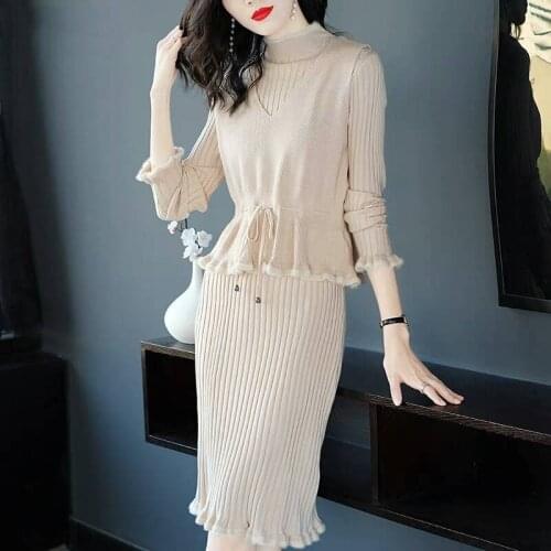 2020 Sweater Women pullover Suits Fashion Shoulder Off Sleeve Knitting Sweater And Skirt Two Piece Women Set Office Lady Suit