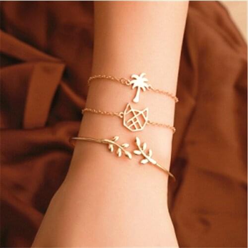 3Pcs/Set Gold Color Charm Bracelets Punk Open Leaf Coconut Tree Chain Bracelets Set For Women Boho Cat Bangles Fashion Jewelry