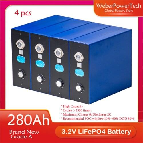 3.2V Lifepo4 4pcs 280Ah Cell New Grade A Recargable Battery Pack 12V for RV PV DIY Solar Energy Storage System US EU TAX FREE