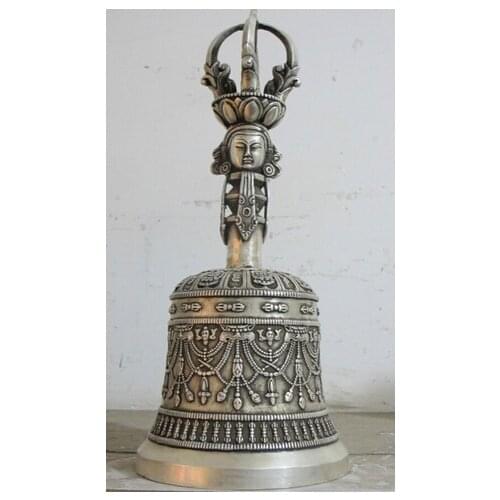 Free Shipping Fast shipping 14"Tibet Silver plated bronze Green Tara Buddha head exorcism Vajra Bell