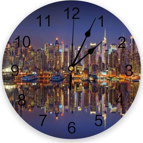 Manhattan City Night View Building Reflection New Wall Clock Fashion Living Room Watch Modern Home Decoration Round Clocks