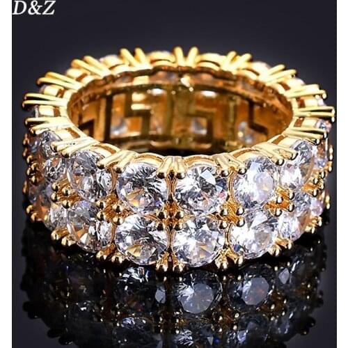 D&Z 2 Row CZ Solitaire Ring For Men/Women Gold/Silver Color Iced Out Charm Round Ring Band Classic Hip Hop Jewelry For Gifts