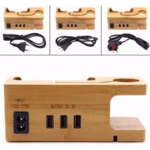 Mobile phone holder bamboo and wood desktop three-hole usb charging holder durable and practical