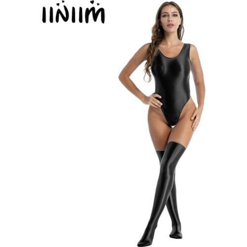 2021 Summer Women Swimwear Glossy Stretchy Swimwear One-piece Swimsuit Round Neck Sleeveless High Cut Bodysuit with Stocking