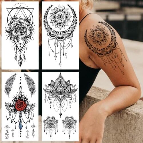 Moon Mehndi Fake Temporary Tattoo For Women Sexy Feather Tattoos Sticker Geometric Flower Mandala Henna Tatoos Body Arm Pendants