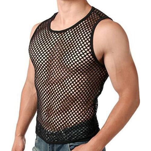 Summer Men Vest Party Top Sexy Vest See-through Fishnet Summer Round Neck Sleeveless T-shirt Streetwear Cool Sleeveless T-shirt