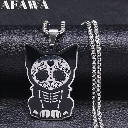 Mexican Bone Cat Stainless Steel Necklaces Black Silver Color Pendants Necklaces Jewelry collares para mujer vintage N3644S02
