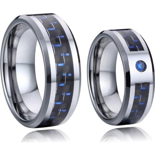 Blue carbon fiber Tungsten carbide wedding rings set for couple men and women jewelry marriage finger ring