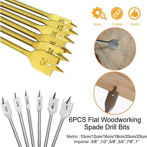 6PCS Flat Drill Bits Spade Drill Bit Set Titanium Coated Hex Shank Wood Hole 10-25MM Cutter