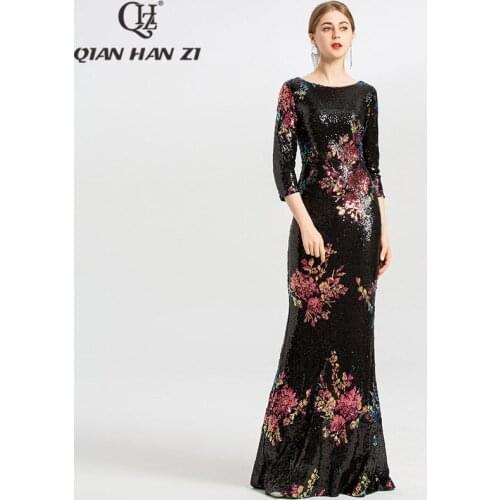 Qian Han Zi designer fashion runway maxi dress Three Quarter sleeve vintage Flowers Sequins Mermaid Slim Party long dress women