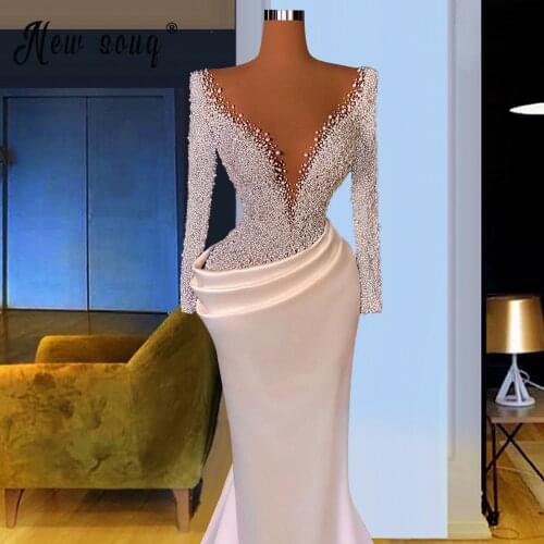 Luxury Full Pearls Long Sleeve Evening Dress Sexy V Neck Party Gowns Dubai Middle East Pageant вечернее платье De Soiree