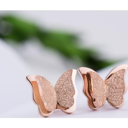 New Design Rose Gold Frosted Titanium Steel Butterfly Stud Earrings For Women Stainless Steel Cute Girl Earrings Jewelry