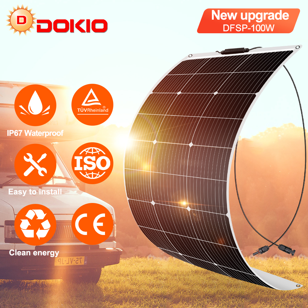 Dokio 18V Monocrystalline 100W Flexible Solar Panel For Car/Boat/ Home Solar Charge 12V Waterproof Solar Panel China