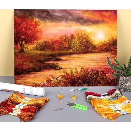 Natural Scenery Evening Light Printed Fabric 11CT Cross Stitch Set DIY Embroidery DMC Threads Handmade Handiwork Promotions
