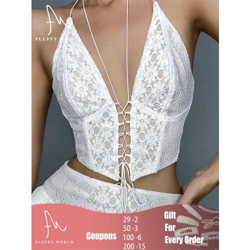 Sexy White Lace Camis Ruched Tie Up Crop Top Y2K Harajuku Tank Top Backless Halter V Neck Tee Top Party Beach Club Summer Vest