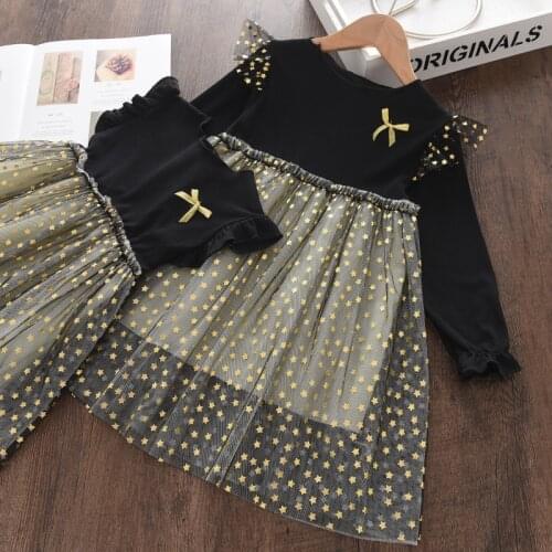 Spring Autumn Girls Dress Kids Girl Long Sleeved Party Star Mesh Dresses Children Clothes Sequin Vestidos Clothes Princess Dress