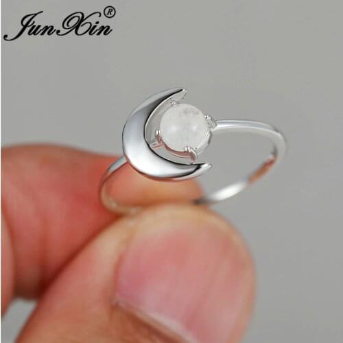 Female Cute Moon Ring White Gold Filled Round Moonstone Rings For Women Minimalist Thin Ring Band Wedding Engagement Jewelry