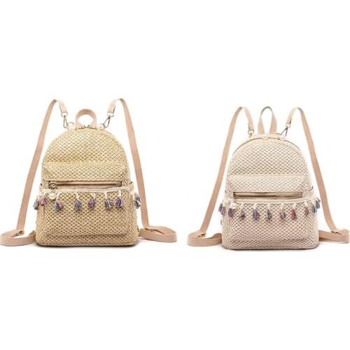 Ladies Backpack Teen Girl Beach Straw Woven Tassel Female Casual One-Shoulder School Bag