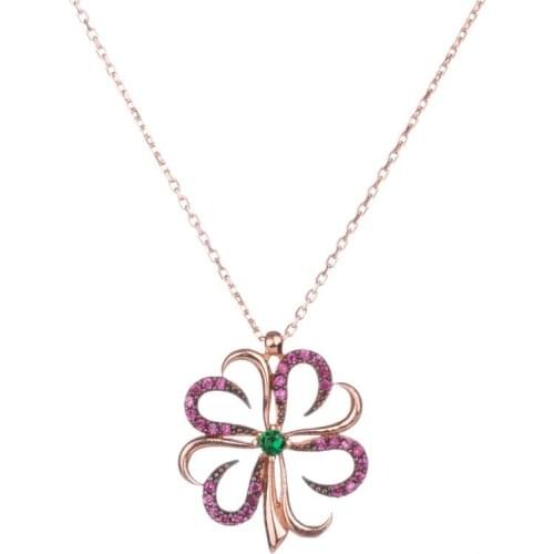 Lucky Four Leaf Clover Necklace with Green and Purple Stones Womens Necklace Silver Chain Necklace Flower Pendant Necklace