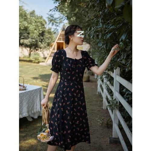 Large Size Drawstring Design Square Neck Floral Dress Female Summer 2021 New Fat MM French Tea break Vintage Loose Skirt