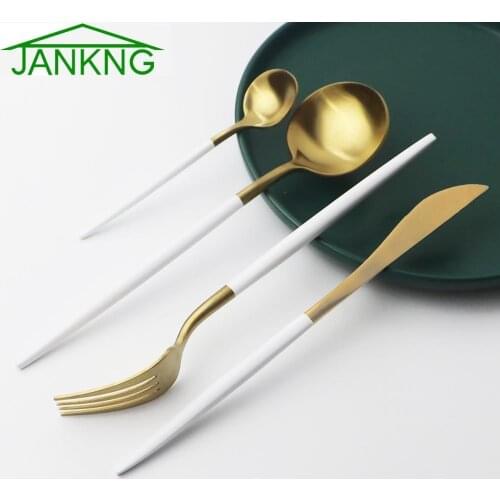 4Pcs/set White Gold Dinnerware Set 18/10 Stainless Steel Silverware Set Black Cutlery Set Fork Knife Spoon Wedding Flatware Set