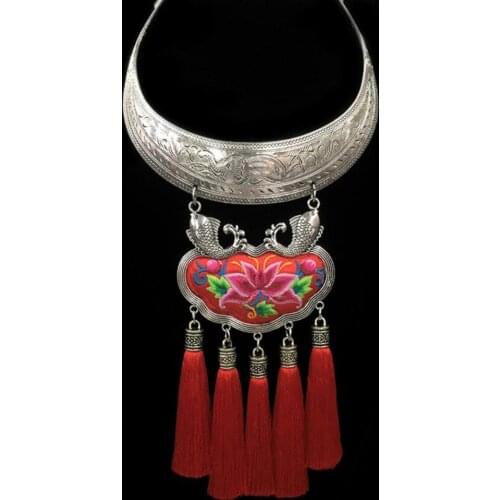 Free shipping Handmade ethnic wind retro Necklace sweater luck chain pendant Miao silver Embroidered Flower peony tasse