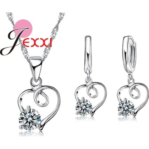 Fast Shipping New Fashion Rhinestone Love Heart Necklace & Earrings For Women 925 Sterling Silver Fashion Jewelry