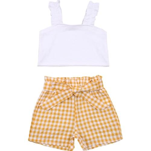 Citgeett Summer Kids Baby Girls Shirt Off Shoulder White Blouse Yellow Plaid Loose Shorts 2pcs Set Clothes