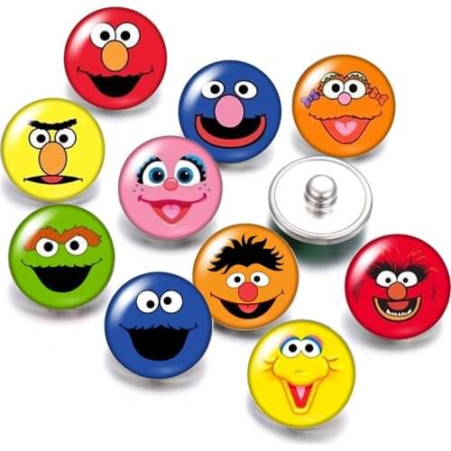 Sesame Street Elmo Cookie Monster 18mm snap buttons 10pcs mixed round photo glass cabochon style for snap button jewelry