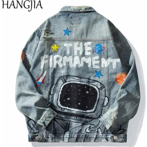 Hand Painted Astronaut Mens Denim Jackets Autumn Winter Hip Hop Distressed Denim Jean Jacket High Street Washed Men Clothing