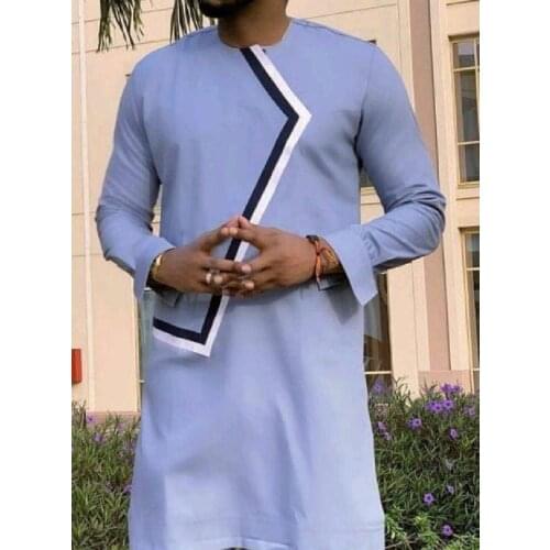White And Black Cloth Strip Patchwork Mens Shirts Bright Blue Cotton Casual Tops African Fashion Tailor Made For Wedding Party